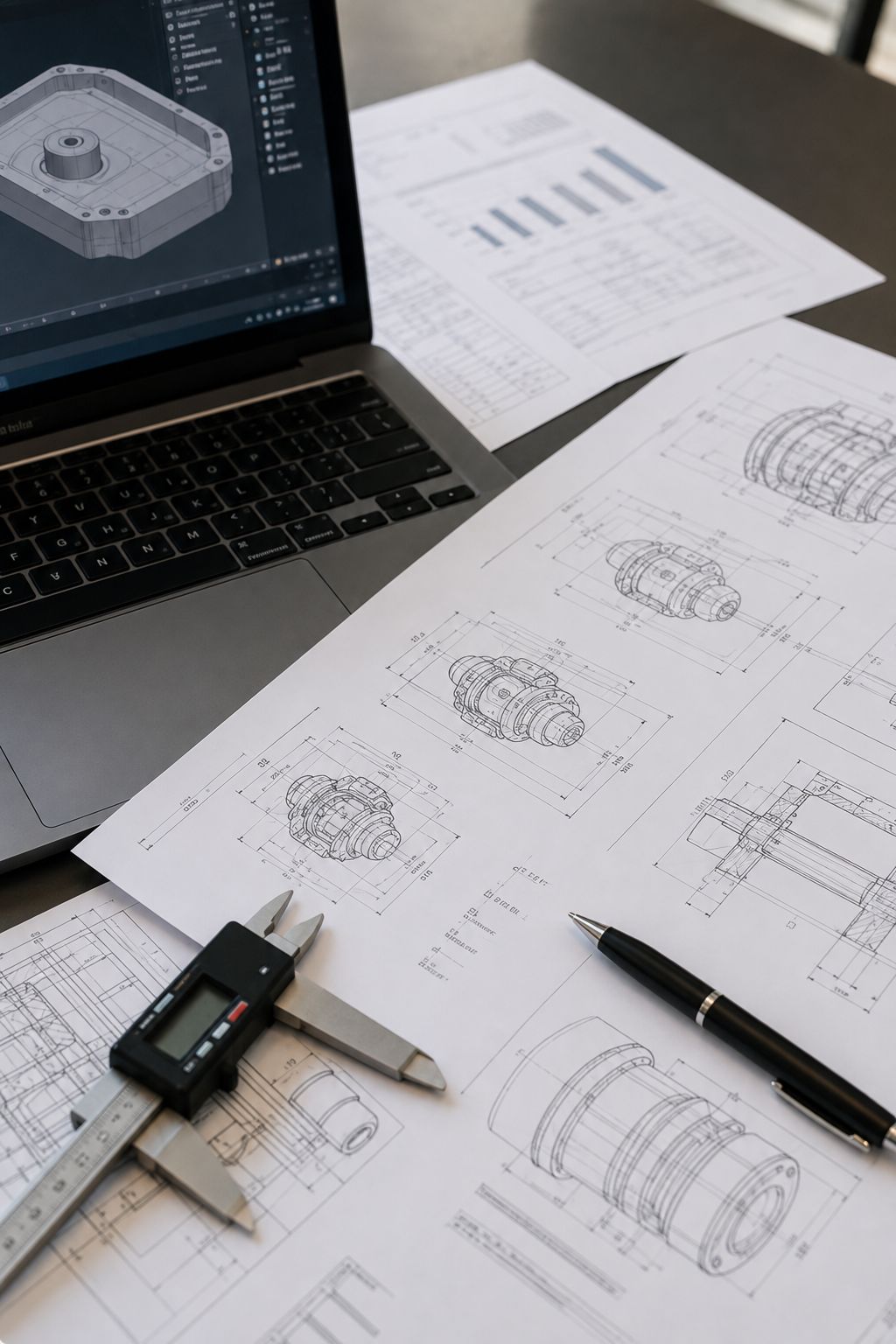 Technische Konstruktionszeichnungen, Messschieber und CAD-Modell auf einem Arbeitsplatz