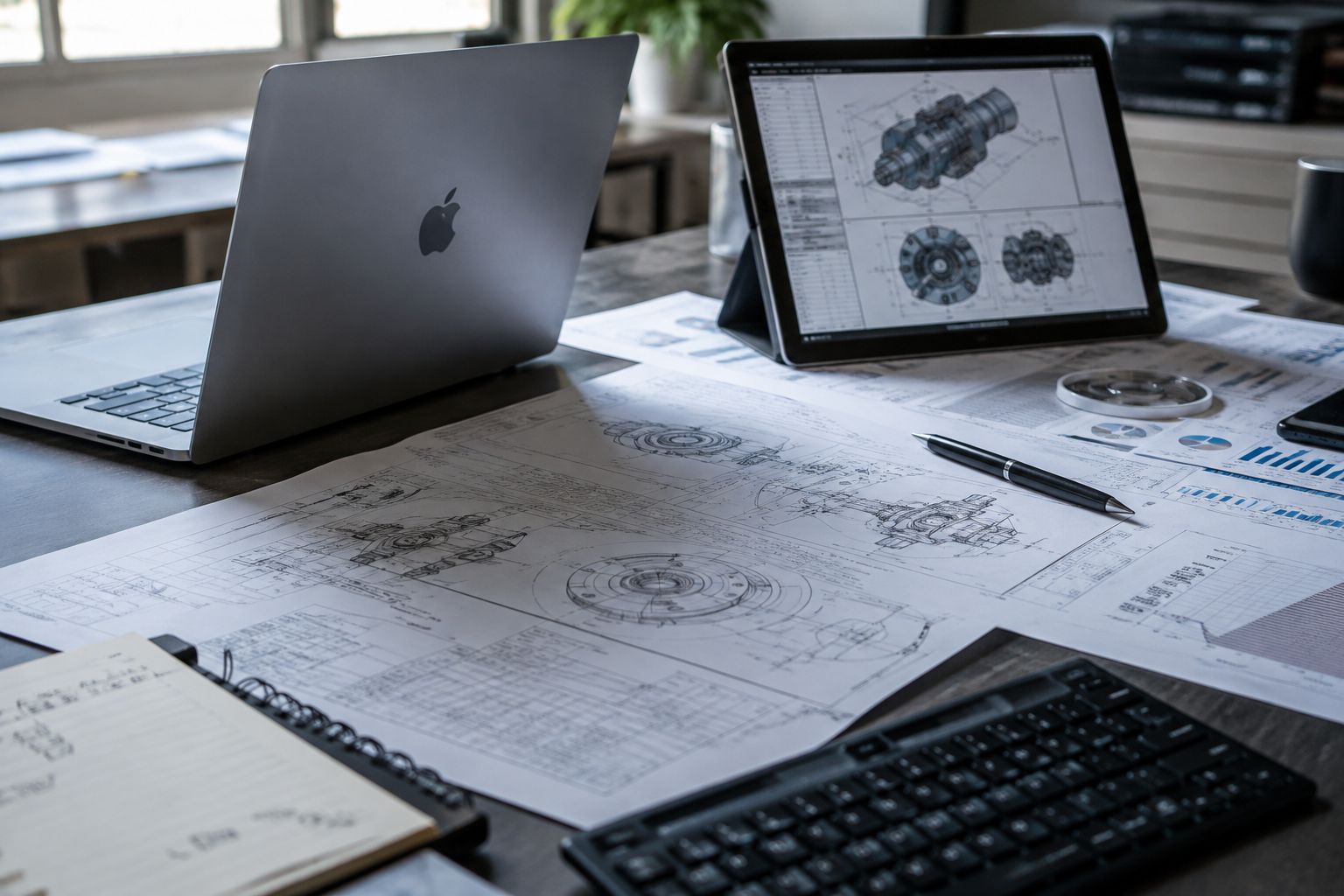 Arbeitsplatz mit Laptop, Tablet mit CAD-Modell und technischen Zeichnungen