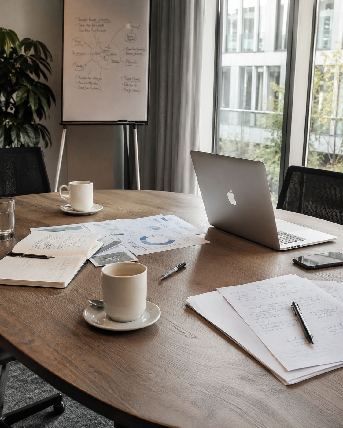 Besprechungsraum mit Whiteboard, Notizen und Laptop während eines Projektgesprächs
